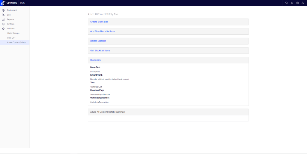 Azure AI Content Safety – Blocklist Management in Optimizely CMS – List All&nbsp;Blocklists