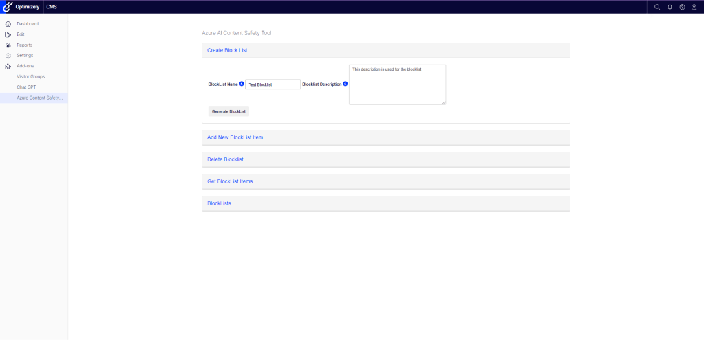 Azure AI Content Safety – Blocklist Management in Optimizely CMS- Create New&nbsp;Blocklist